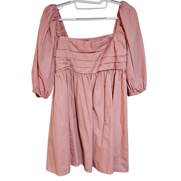 Powder Pink Puff Sleeve Square Neck Dress XL Smocked Back Cotton - Picture 3 of 15